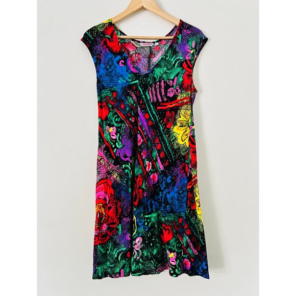 Jams World Women’s Sun Dress Small Hawaiian Funky Boho Rayon Cap Sleeve Floral - Picture 1 of 6